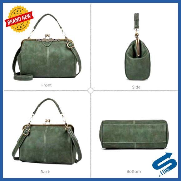 Vegan Leather Satchel with Kiss Lock Closure, Adjustable Strap, 11x8.6 Inches - Picture 3 of 7